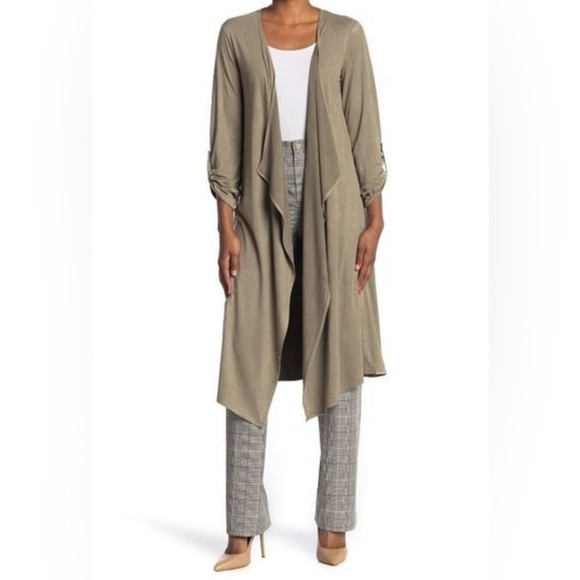 Tahari Sweaters - TAHARI Faux Suede Tab Sleeve Draped Cardigan in Basil NWOT